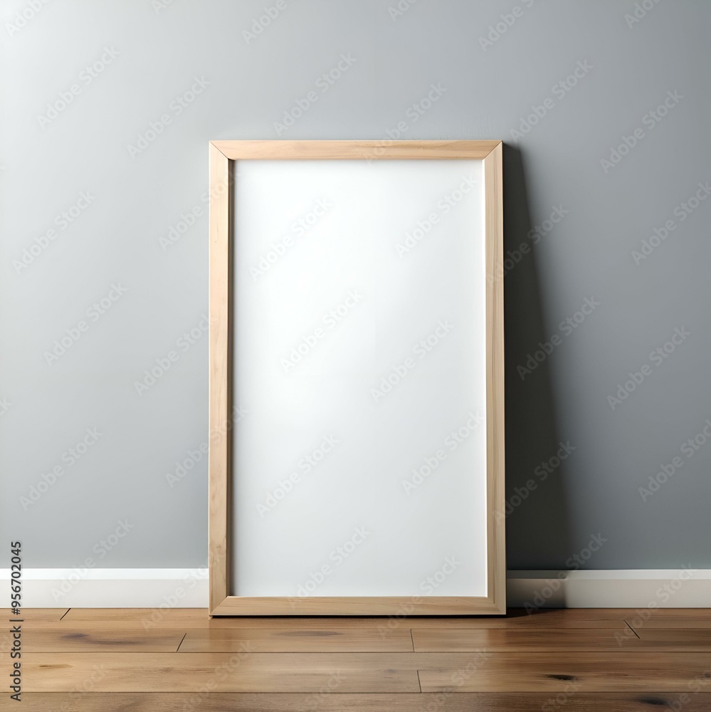 A simple yet elegant blank picture frame leaning against a light grey wall and wooden floor. A simple yet elegant blank picture frame leaning against a light grey wall and wooden floor.