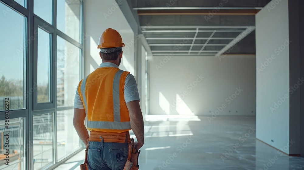 Construction worker in safety vest inspecting an empty room with large windows Construction worker in safety vest inspecting an empty room with large windows