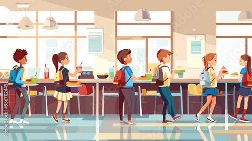 Little Pupils Queuing Carrying Trays with Lunch