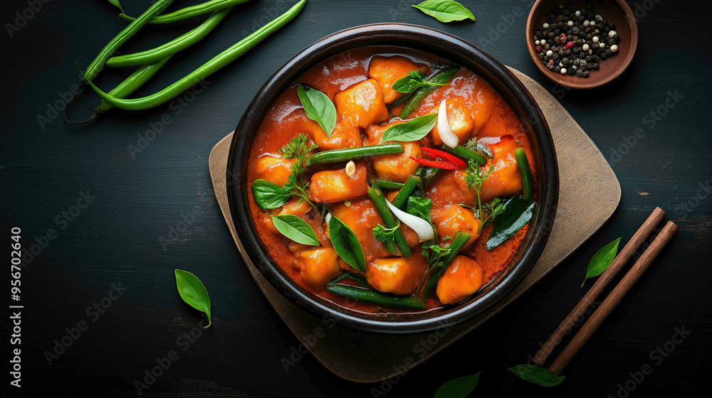 A large bowl of rich Thai curry with vegetables, garnished with fresh herbs, served in a dark ceramic bowl on a wooden cutting board with chopsticks and spices. A large bowl of rich Thai curry with vegetables, garnished with fresh herbs, served in a dark ceramic bowl on a wooden cutting board with chopsticks and spices.