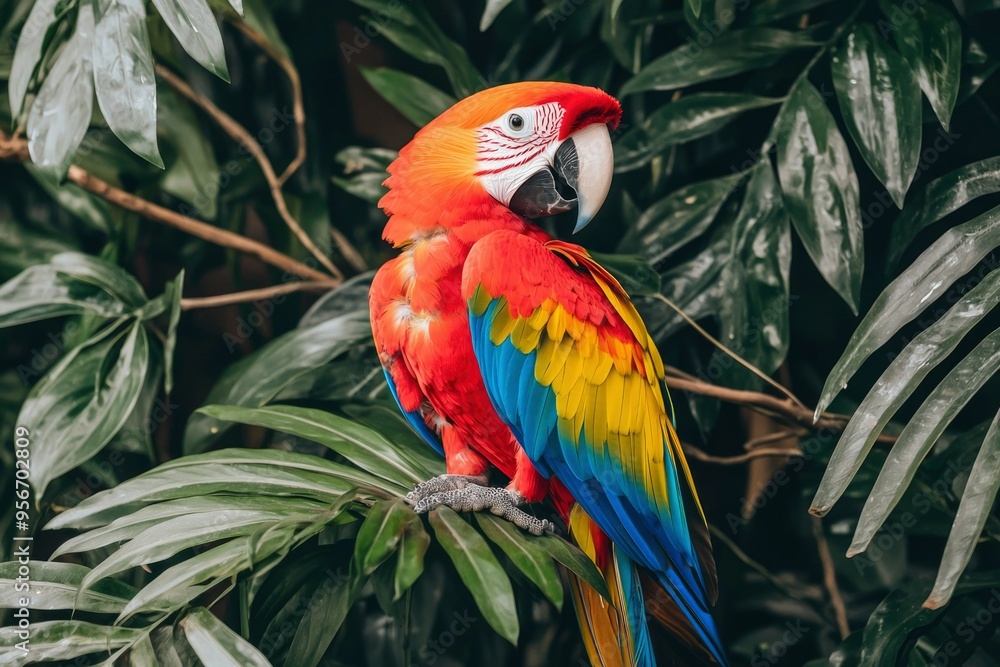 A Red and Blue Macaw Perched on Lush Green Foliage A Red and Blue Macaw Perched on Lush Green Foliage