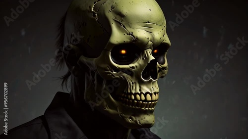 A detailed exploration of a realistic skull model showcasing its eerie features and glowing eyes in a dark setting photo