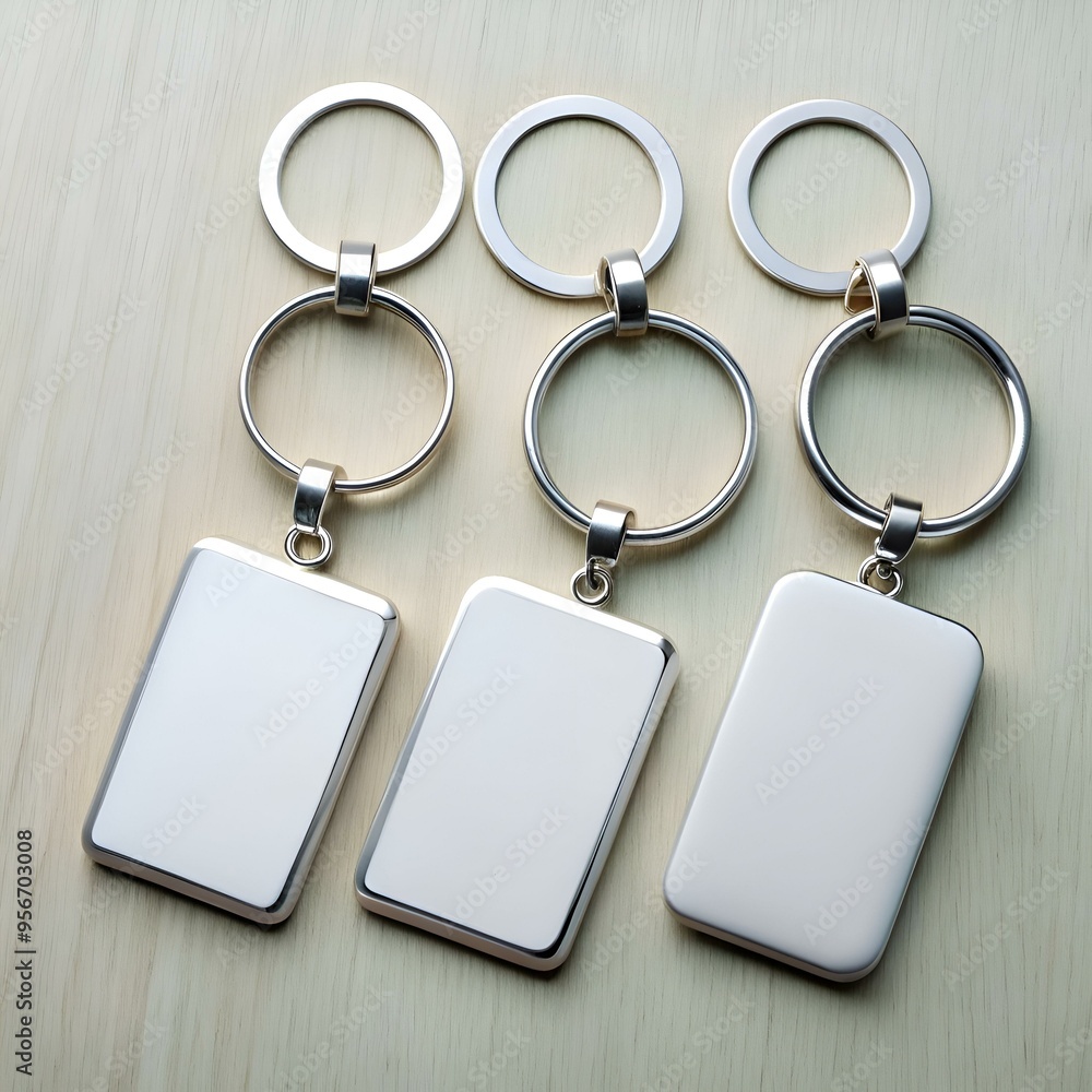 Fototapeta premium Three blank metal keychains with a silver finish. perfect for personalizing with logos. names. or messages.