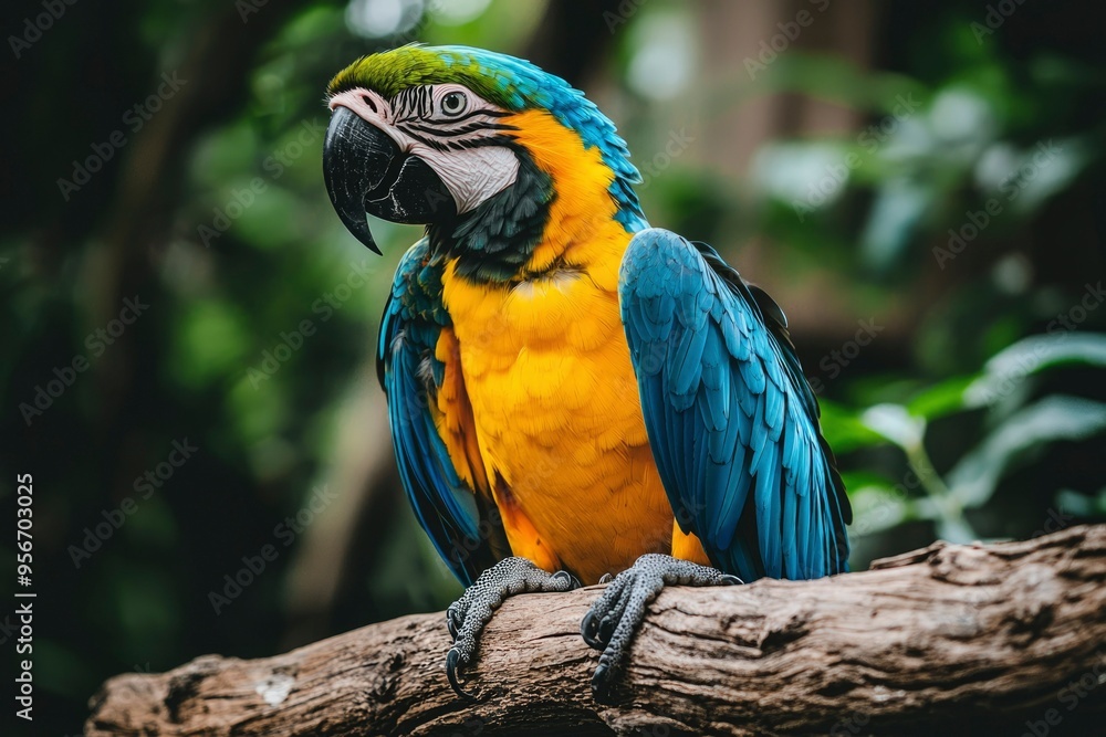 Fototapeta premium Blue and Yellow Macaw Perched on a Branch