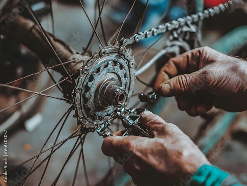 close up of a man fixing a bicycle wheel generative art