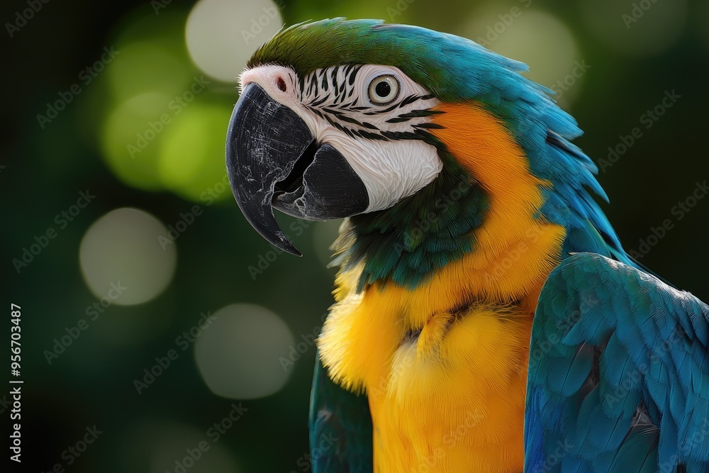 Fototapeta premium Blue-and-yellow macaw posing on blurred background