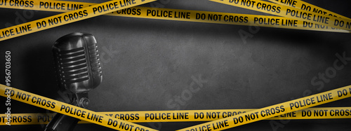 Wallpaper Mural true crime podcast banner background. yellow police line - do not cross and vintage microphone on dark concrete background with copy space Torontodigital.ca