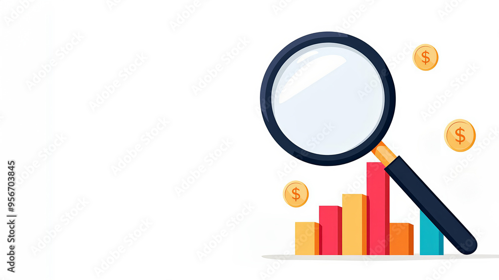 Crowdfunding analytics, magnifying glass over money graph, flat Crowdfunding analytics, magnifying glass over money graph, flat