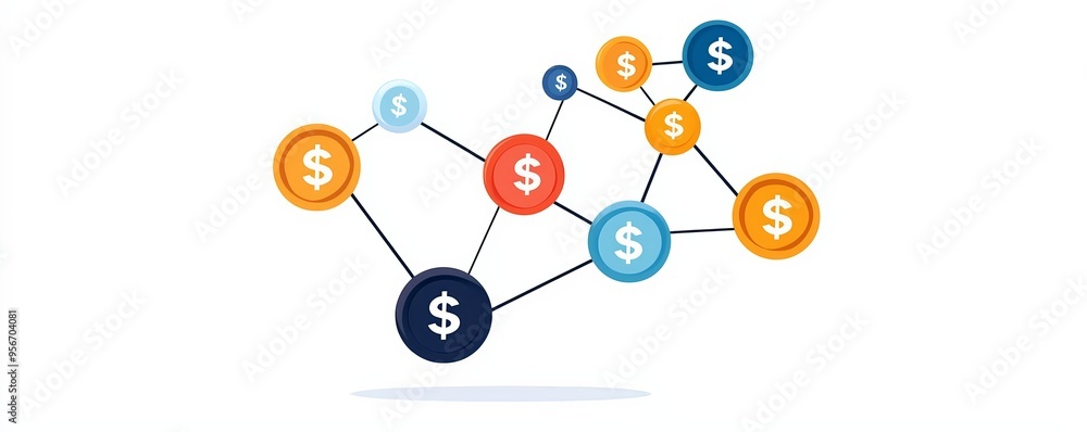 Crowdfunding networks, connecting dots with dollar icons, flat design illustration Crowdfunding networks, connecting dots with dollar icons, flat design illustration