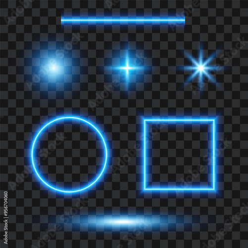 Set of blue lights, stars, neon elements, glowing frames. Isolated lighting effects on transparent background, vector illustration.