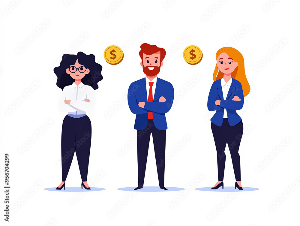 Diverse investors, simple character icons with different currenc Diverse investors, simple character icons with different currenc