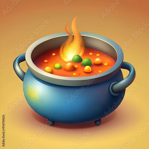 A charming illustration of a bubbling cauldron filled with a vibrant. steaming stew. photo