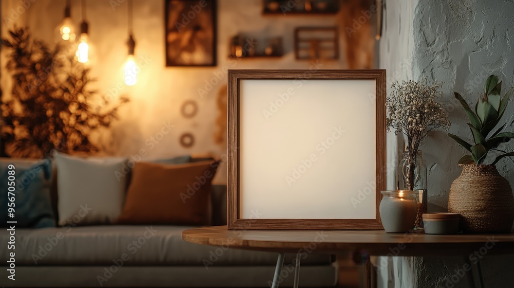 Fototapeta premium Minimalist frame on table, cozy family living room, blurred background, warm tones