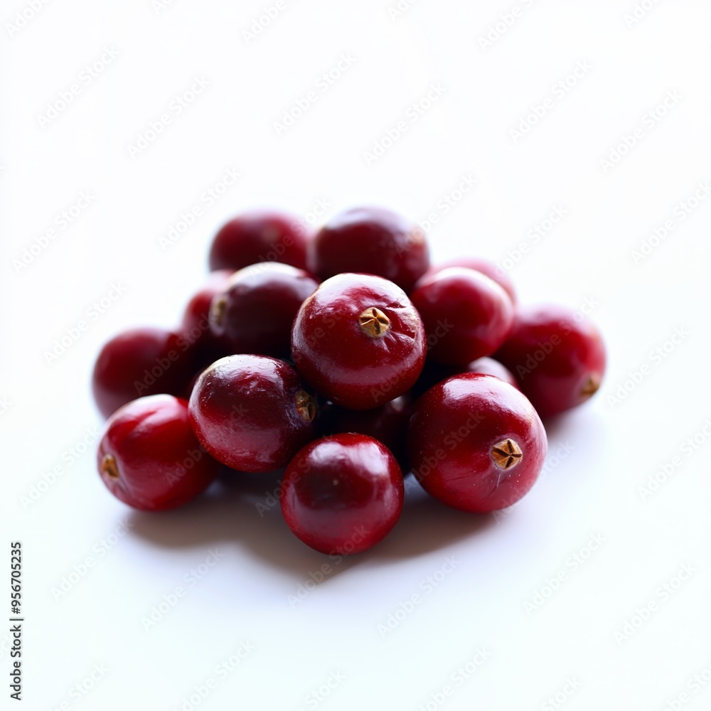 Fresh cranberries isolated on a white background showcasing their vibrant color and texture Fresh cranberries isolated on a white background showcasing their vibrant color and texture
