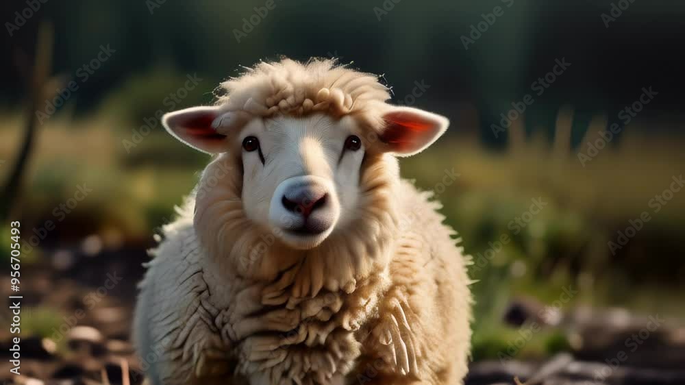 A curious sheep explores lush pastures in the countryside during a sunny afternoon in early spring A curious sheep explores lush pastures in the countryside during a sunny afternoon in early spring