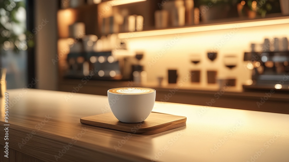 Minimalist board, latte on counter, modern cafe, natural light, 8K resolution Minimalist board, latte on counter, modern cafe, natural light, 8K resolution