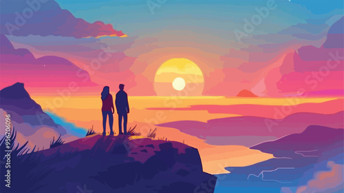 Lovers Admire Sunrise Concept Man and Woman Stand Together
