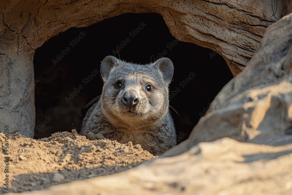 Fototapeta premium Close-up of a gray, furry animal peering out of a dark cave