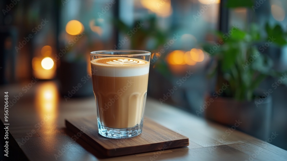 Minimalist board, glass of latte, chic cafe interior, soft lighting, high-definition, 8K Minimalist board, glass of latte, chic cafe interior, soft lighting, high-definition, 8K