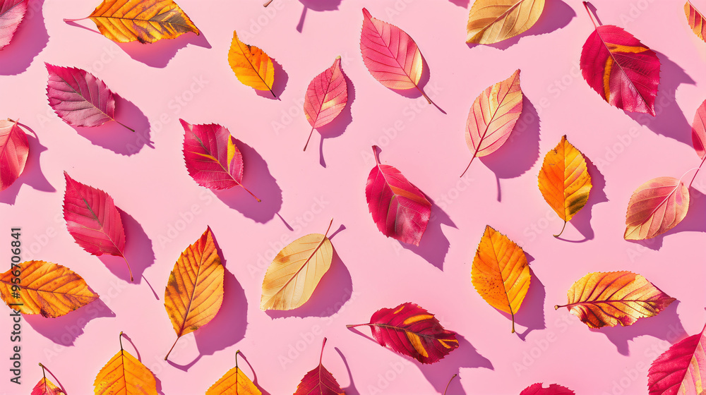 Obraz premium Colorful autumn leaves pattern on pastel pink background