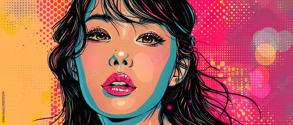 Beautiful young korean woman in retro pop art comic style, copy space Beautiful young korean woman in retro pop art comic style, copy space