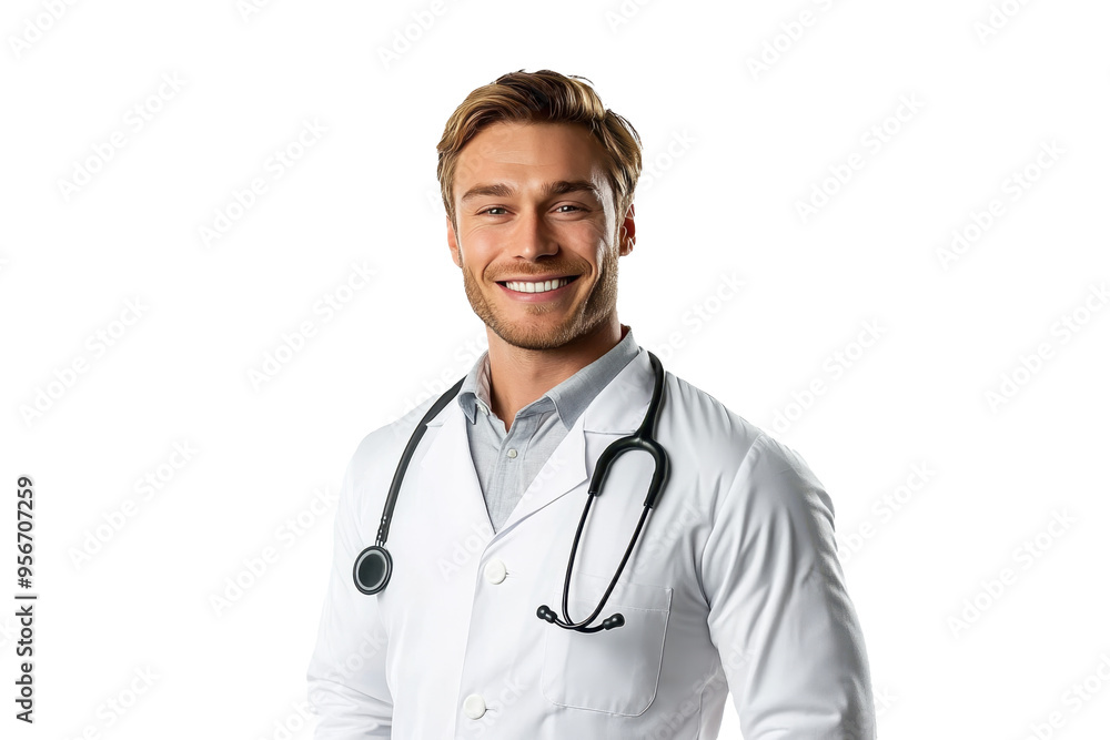 Portrait of a smiling American male doctor, viewed from the front, set against a white transparent PNG cutout backdrop, professionally lit with softbox for clarity. Portrait of a smiling American male doctor, viewed from the front, set against a white transparent PNG cutout backdrop, professionally lit with softbox for clarity.