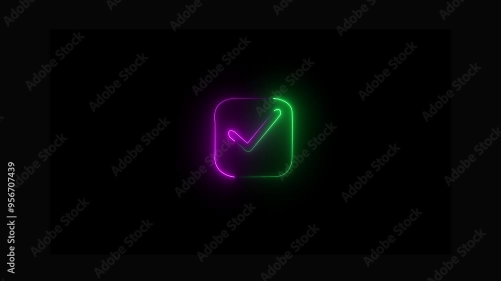Tick mark icon circle neon sign. check mark two color icon animation on black background. Tick mark icon circle neon sign. check mark two color icon animation on black background.