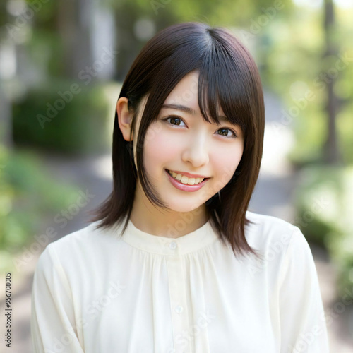 Japanese woman in her 20s, shy smile, cute, everyone's idol