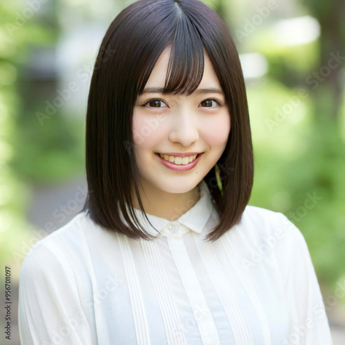 Japanese woman in her 20s, shy smile, cute, everyone's idol