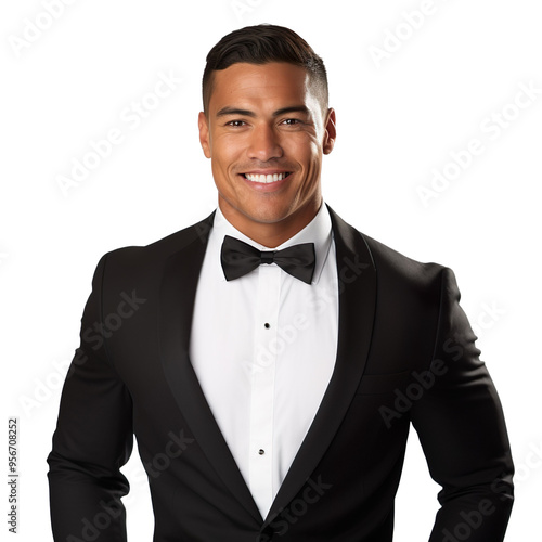 Front view mid body shot of a handsome Polynesian man dressed in a classic black tuxedo with a white dress shirt and a black satin bowtie, isolated on a white transparent background