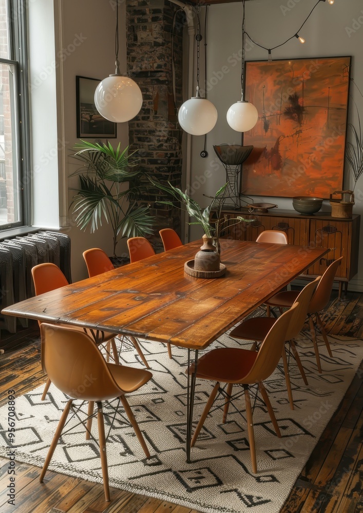 Mid-Century Modern Dining Room A dining room with a teak wood table, Eames chairs, and a geometric rug. Add a sideboard with vintage decor and a large abstract painting on the wall Mid-Century Modern Dining Room A dining room with a teak wood table, Eames chairs, and a geometric rug. Add a sideboard with vintage decor and a large abstract painting on the wall