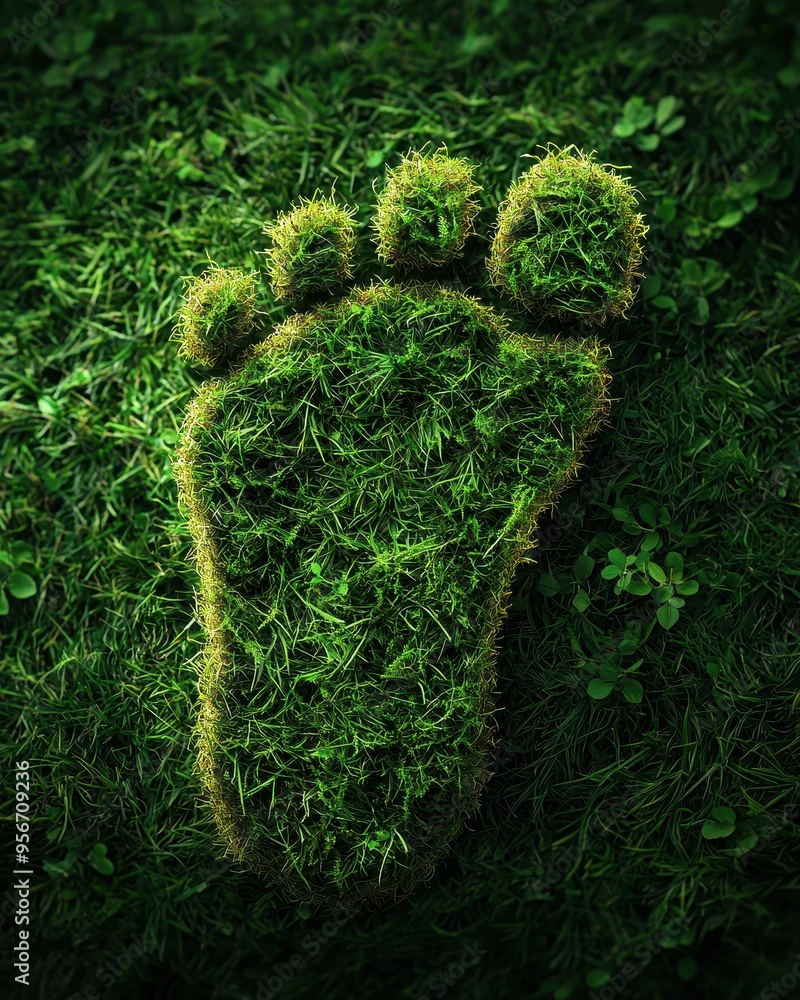 Depiction of a footprint crafted from grass on a lush green background, symbolizing eco-friendliness. Depiction of a footprint crafted from grass on a lush green background, symbolizing eco-friendliness.