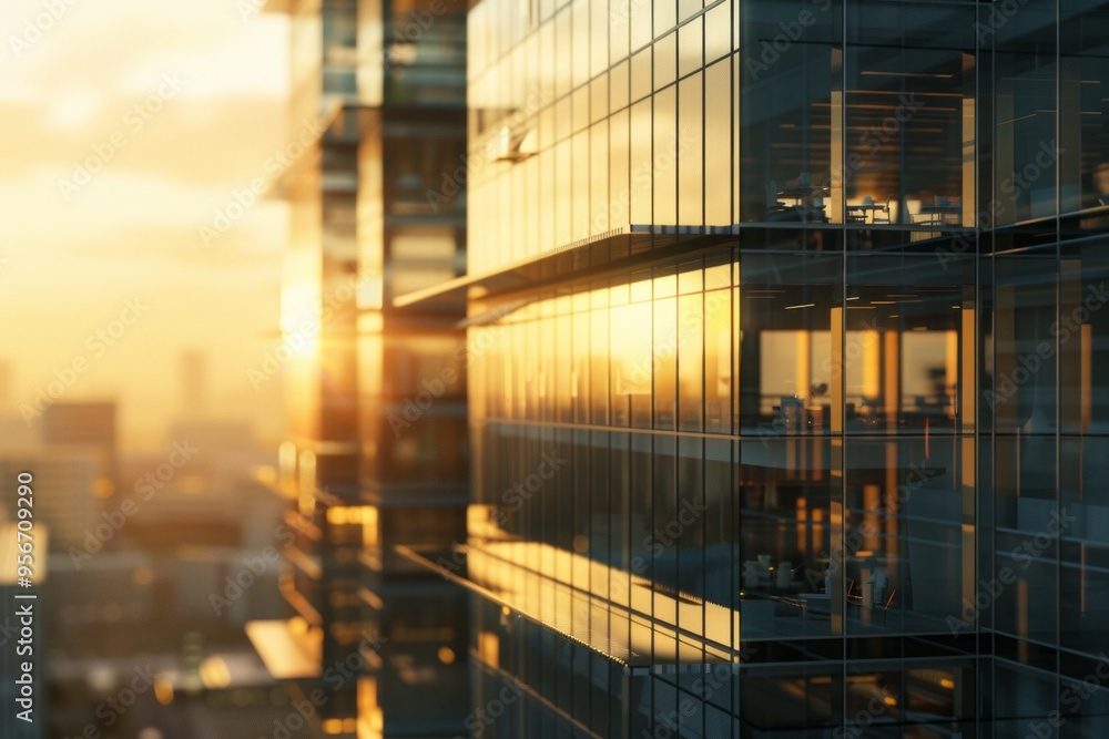 3d render of morning view to perspective glass building, camera zoomed in on the details of the building's glass facade 3d render of morning view to perspective glass building, camera zoomed in on the details of the building's glass facade