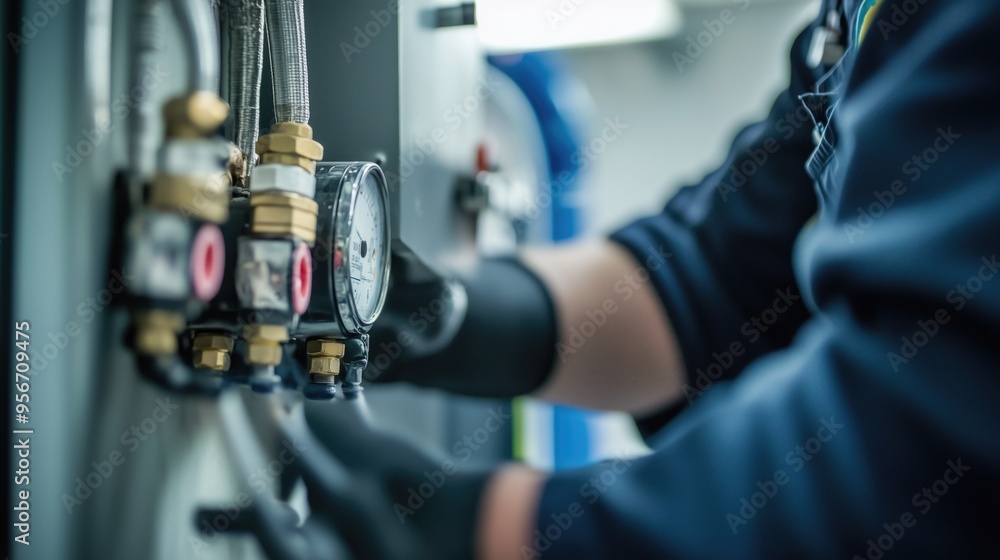Young man HVAC engineer doing repairs or installation workds close up meachnical industry photo indoors with mechanisms and protective clothes men at work concept Young man HVAC engineer doing repairs or installation workds close up meachnical industry photo indoors with mechanisms and protective clothes men at work concept