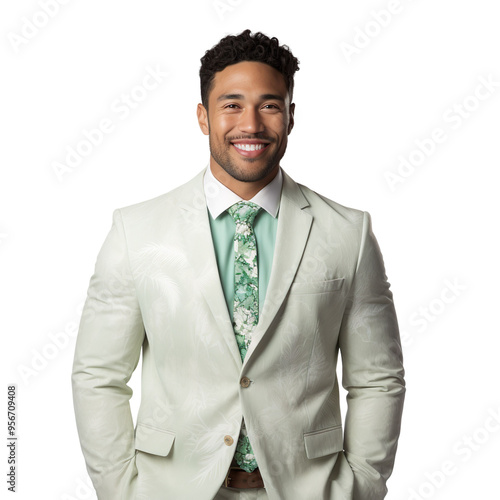 Front view mid body shot of a handsome Polynesian man dressed in a light beige linen suit and a mint green dress shirt with a floral tie, isolated on a white transparent background