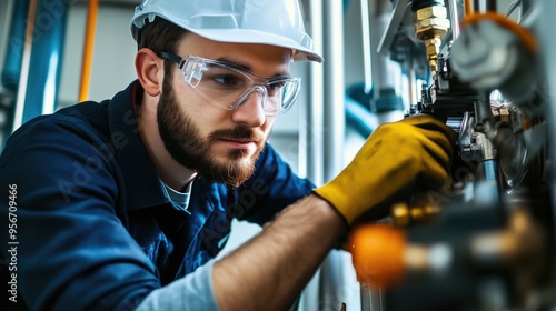 Young man HVAC engineer doing repairs or installation workds close up meachnical industry photo indoors with mechanisms and protective clothes men at work concept