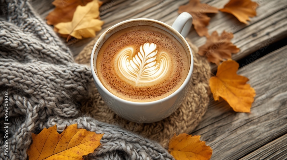 A cup of coffee latte with autumn leaves and a scarf on a wooden table, viewed from above. A cup of coffee latte with autumn leaves and a scarf on a wooden table, viewed from above.