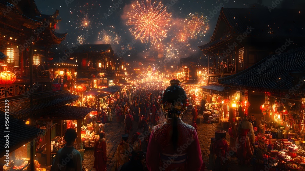 A 3D scene of a bustling New Year market, with stalls selling gifts, food, and decorations. The atmosphere is lively, with people in festive attire, and fireworks are visible in the background, A 3D scene of a bustling New Year market, with stalls selling gifts, food, and decorations. The atmosphere is lively, with people in festive attire, and fireworks are visible in the background,