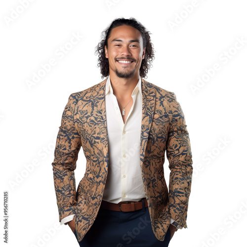 Front view mid body shot of a handsome Polynesian man dressed in a navy blue blazer with gold buttons and cream-colored trousers, isolated on a white transparent background