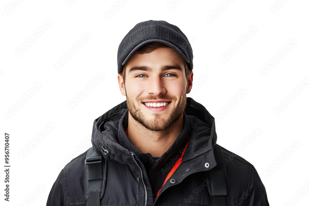 Portrait of a smiling American male postal worker, viewed from the front, isolated on white transparent PNG cutout, with professional softbox lighting to enhance clarity. Portrait of a smiling American male postal worker, viewed from the front, isolated on white transparent PNG cutout, with professional softbox lighting to enhance clarity.
