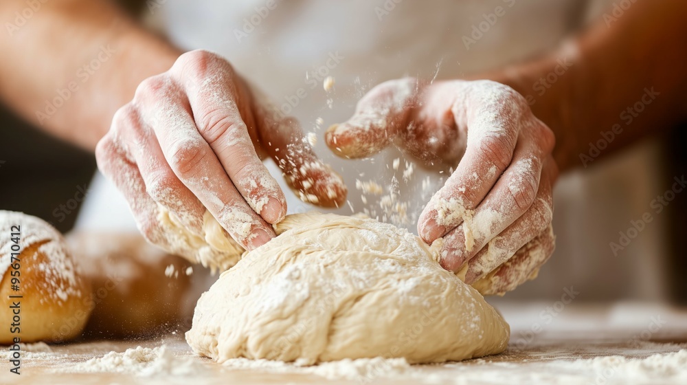 Hands kneading bread dough in a kitchen. Hands kneading bread dough in a kitchen.