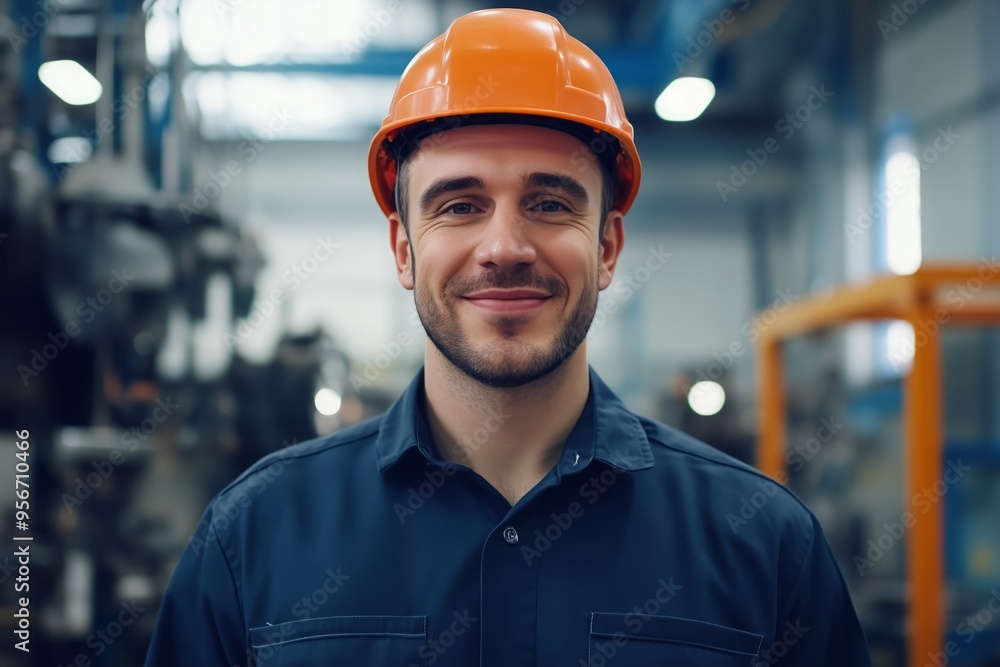 A smiling worker with orange helmet, Caucasian, standing against the backdrop of a factory floor. A smiling worker with orange helmet, Caucasian, standing against the backdrop of a factory floor.