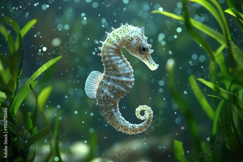 A Spotted Seahorse Swimming Among Green Seaweed