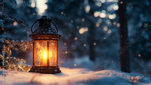 Vintage lantern glowing warmly in a snowy winter forest