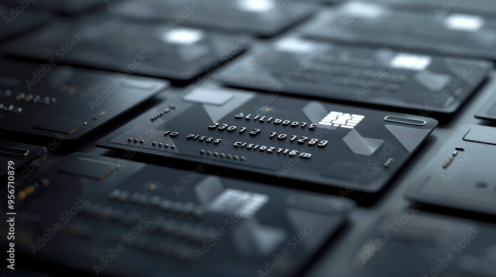Close-up of sleek, matte black credit cards with metallic accents, showcasing chip technology and intricate designs, arranged in a grid pattern for a modern, secure financial transaction concept.. Close-up of sleek, matte black credit cards with metallic accents, showcasing chip technology and intricate designs, arranged in a grid pattern for a modern, secure financial transaction concept..