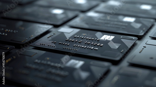 Close-up of sleek, matte black credit cards with metallic accents, showcasing chip technology and intricate designs, arranged in a grid pattern for a modern, secure financial transaction concept..