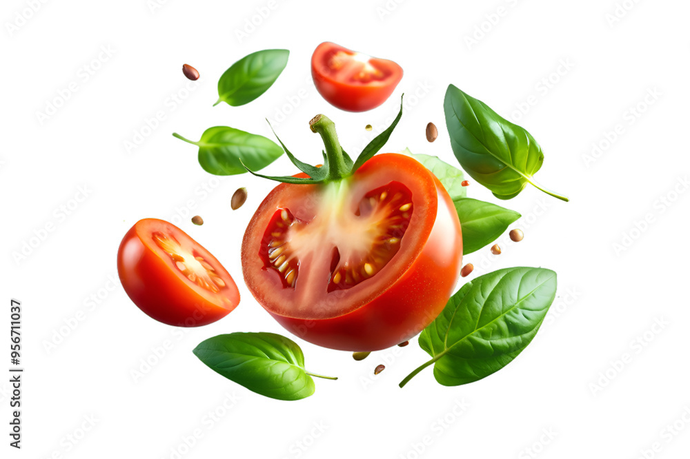 Fototapeta premium Falling tomato half slice and leaves isolated on transparent background - Generative AI