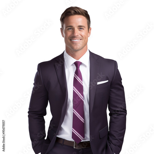 Front view mid body shot of a handsome white man dressed in a charcoal gray suit and a plum-colored silk tie, isolated on a white transparent background