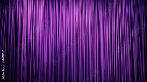 Full view of a purple curtain with vertical, smooth folds, creating a rich and elegant backdrop, perfect for stage or event decoration..