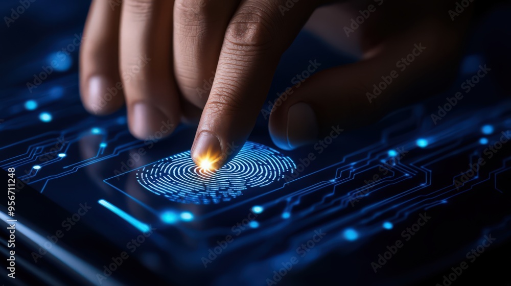 A businessman enhances network security by using fingerprint scanning to access private data A businessman enhances network security by using fingerprint scanning to access private data